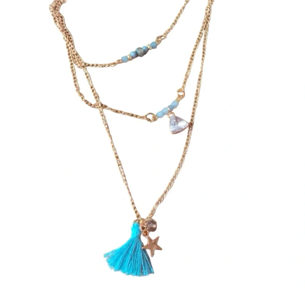 Layered Charm Beaded Necklace Women Color Gold & Blue